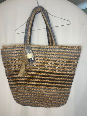 Indigo Woven Tote in Blue, Tan & Black with Tassel